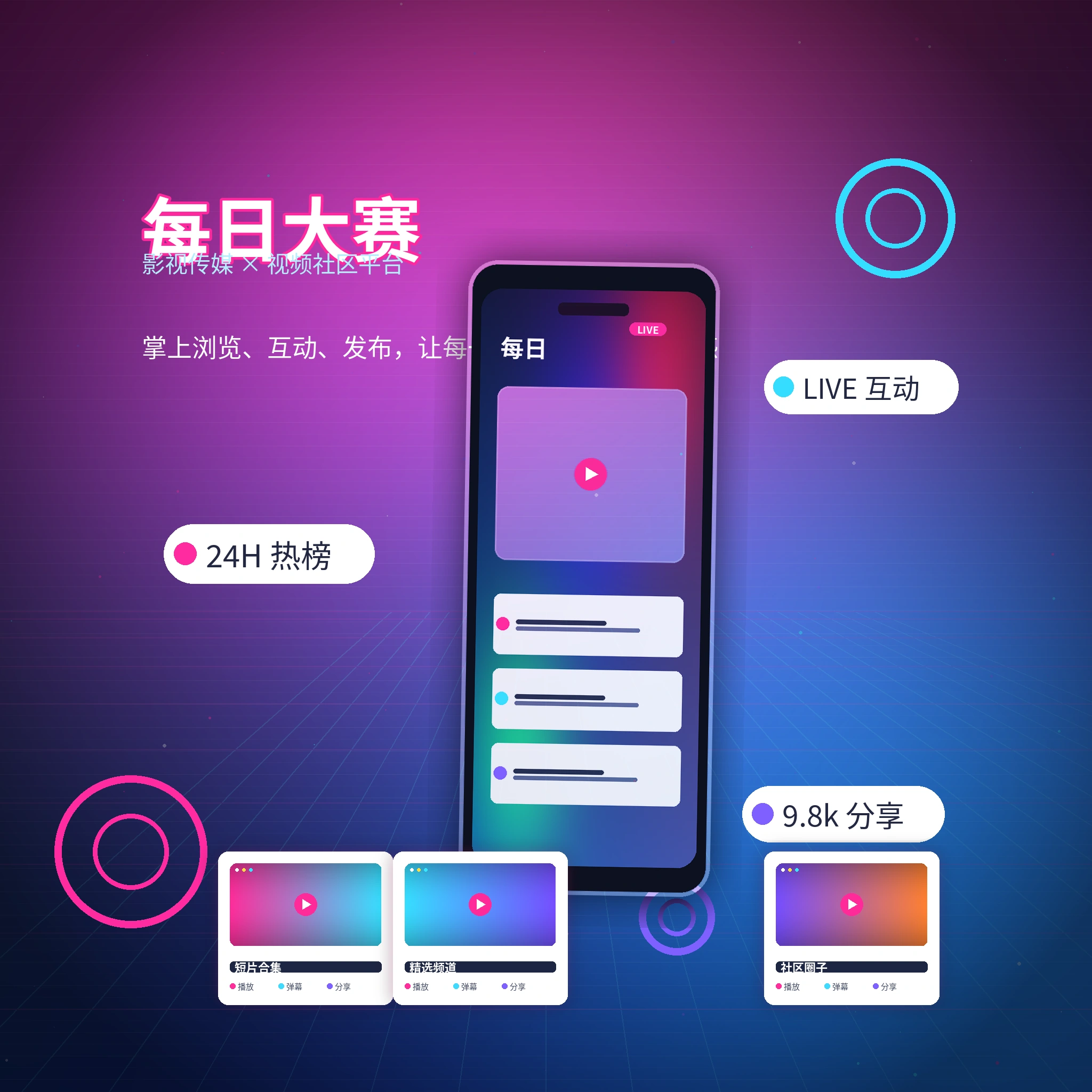 每日大赛APP内容浏览与社区互动界面
